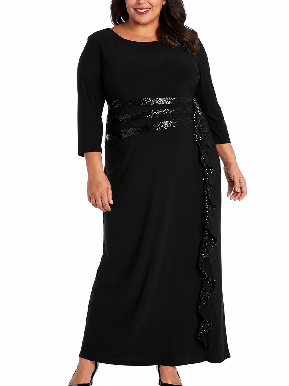 R & M Richards Black Maxi Dress with Sequin Waist and Ruffle Detail